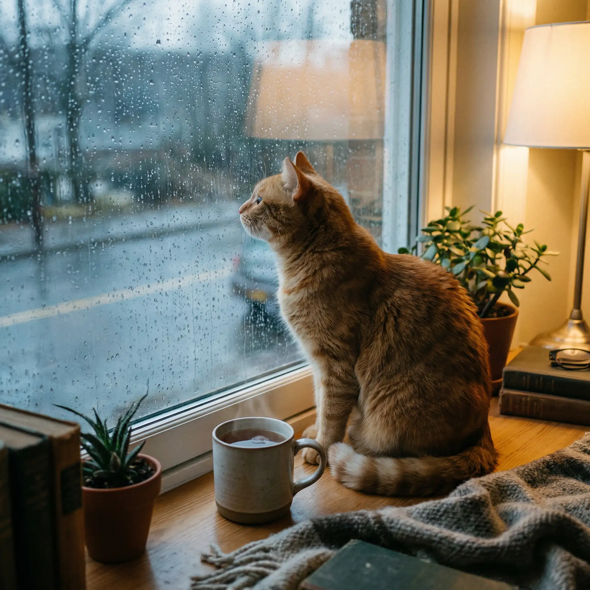 猫咪望着窗外的雨 - 蓝色导航
